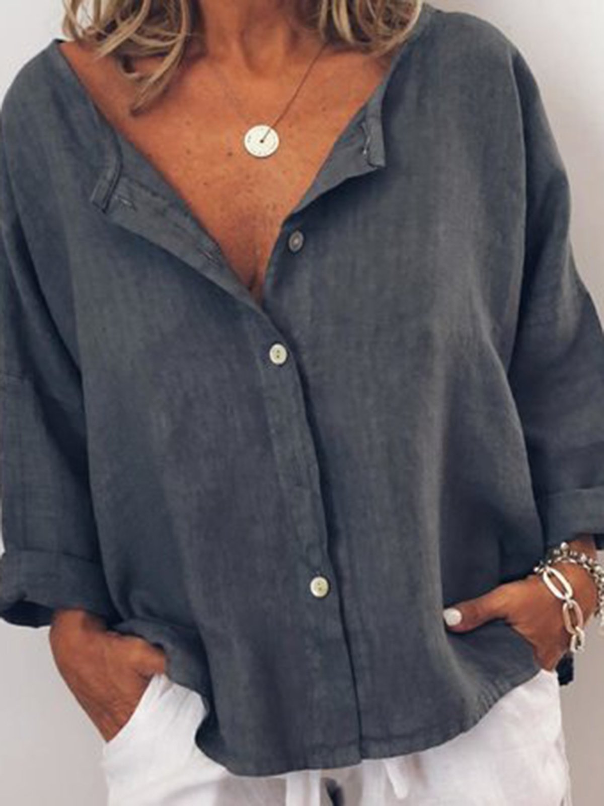 Casual Solid V Neck  Long Sleeve Buttoned Tops