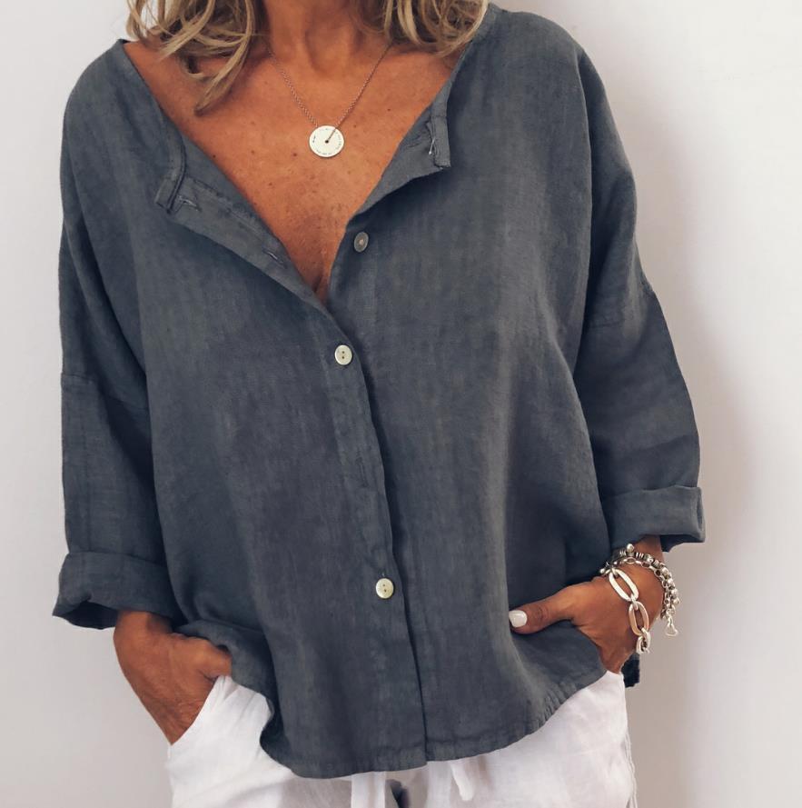 Casual Solid V Neck  Long Sleeve Buttoned Tops