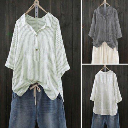 3/4 Sleeve Buttoned Casual Striped Shift Blouse