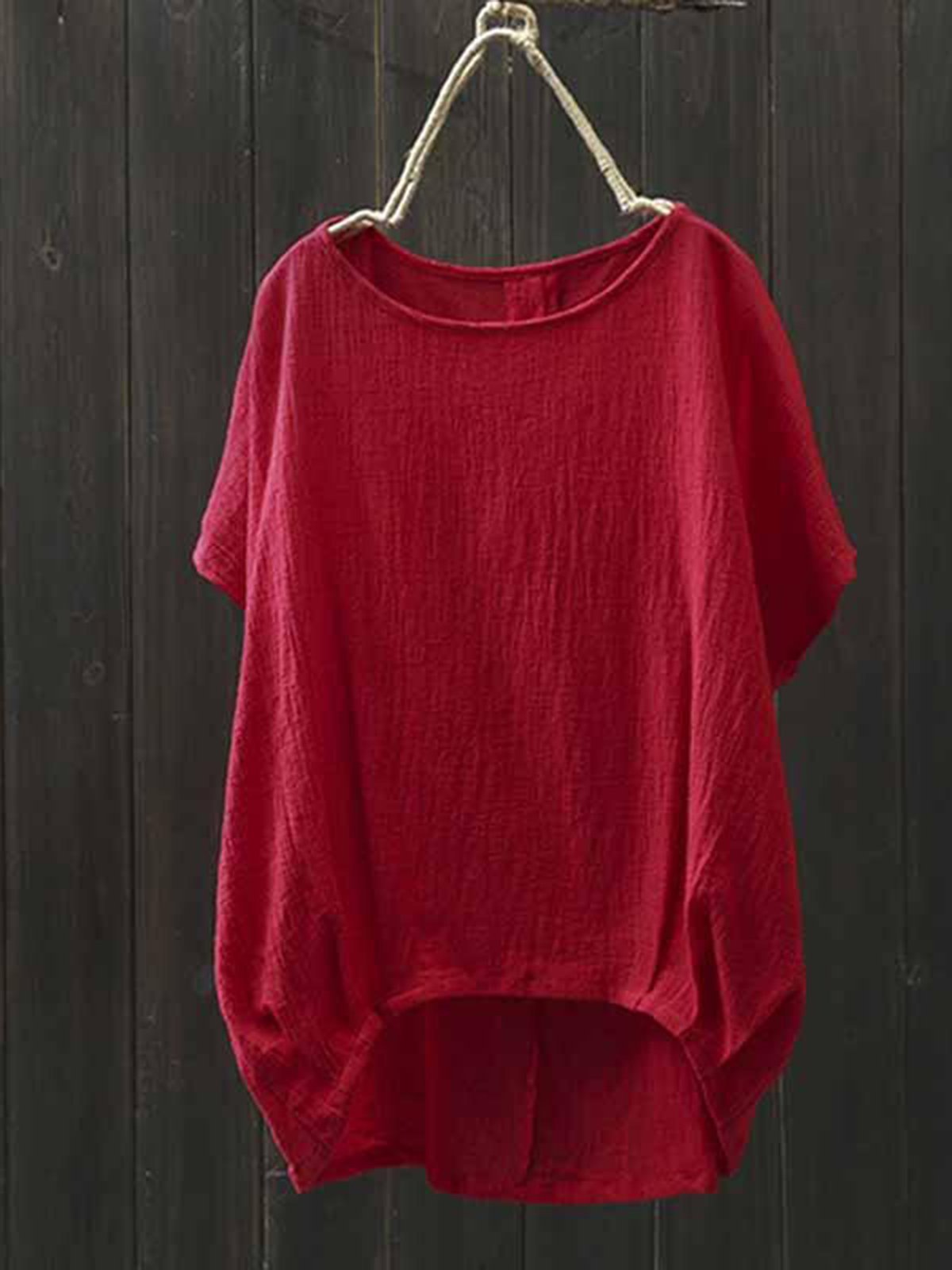 Basic Short Sleeve Solid Crew Neck Asymmetric Linen Blouse