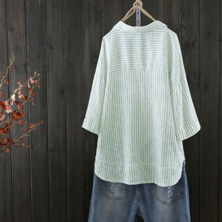 3/4 Sleeve Buttoned Casual Striped Shift Blouse