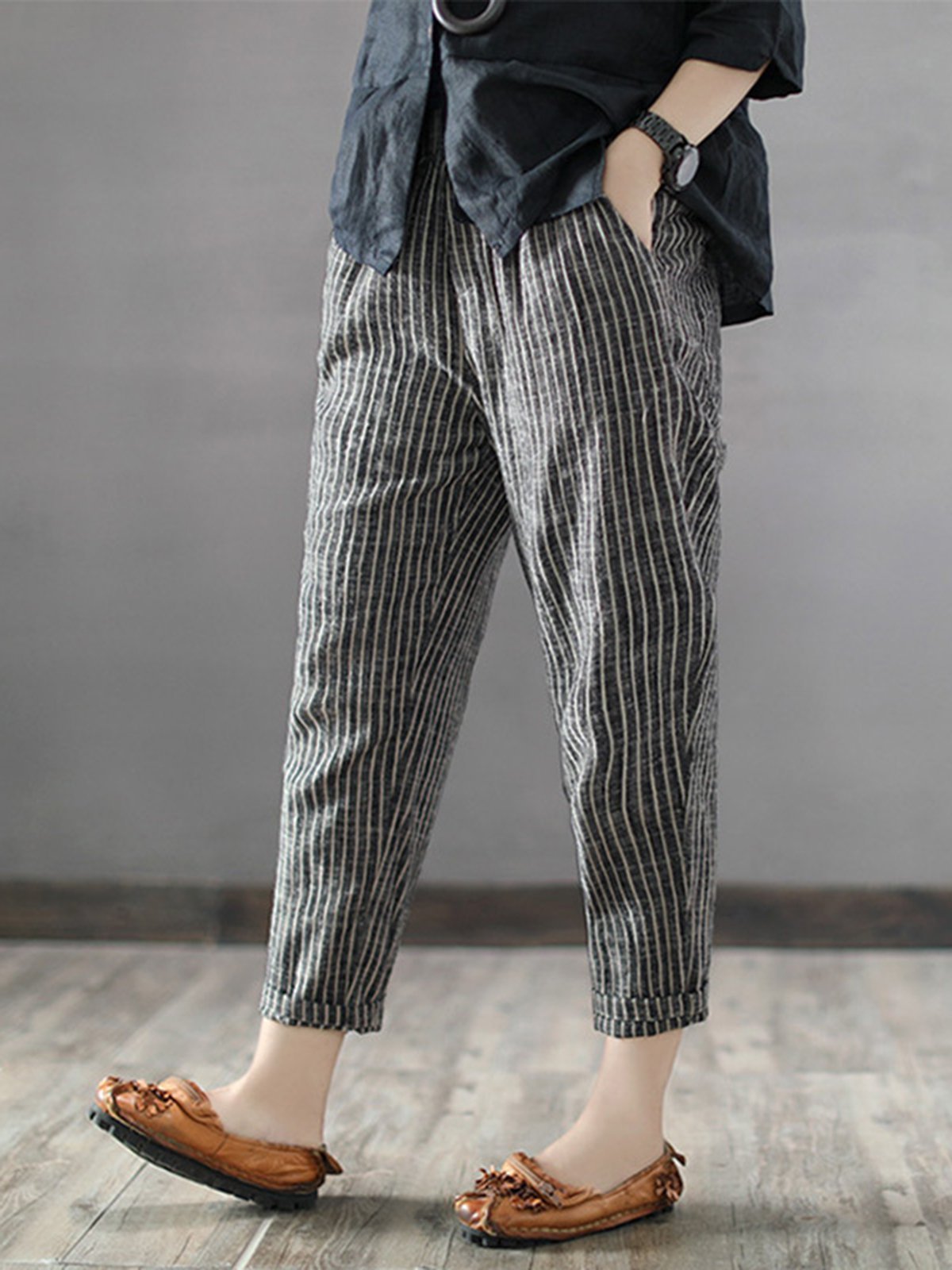 Elastic Waist Striped Linen Casual Pants