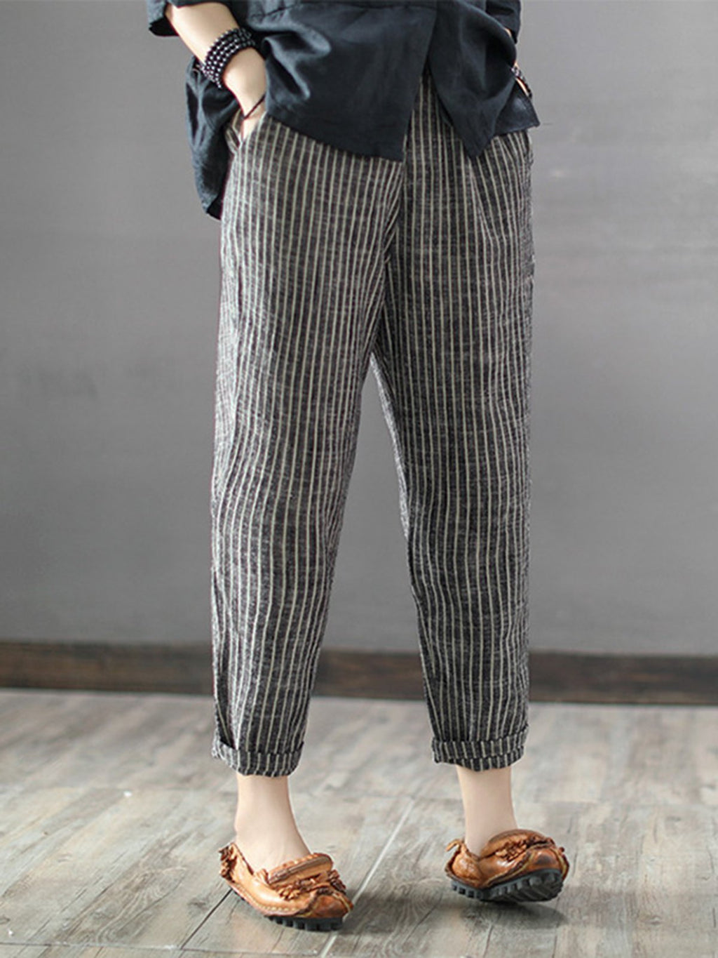 Elastic Waist Striped Linen Casual Pants