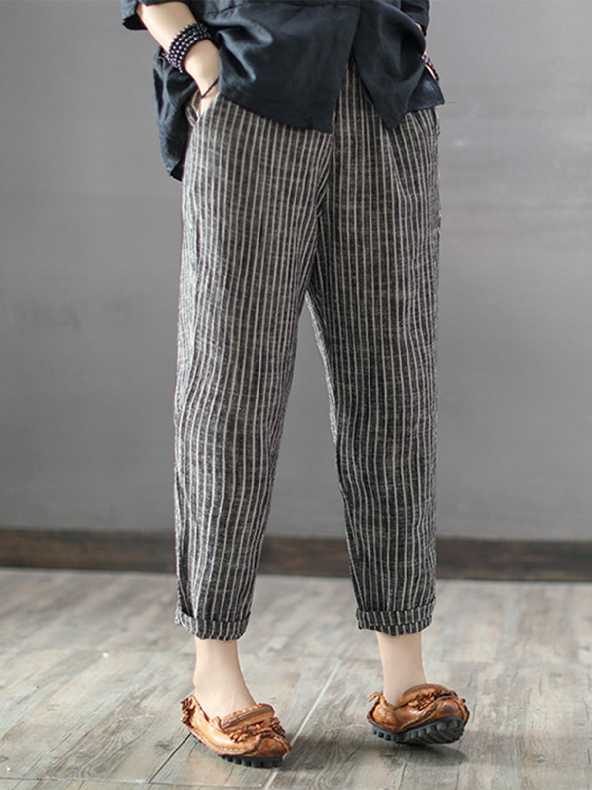 Elastic Waist Striped Linen Casual Pants