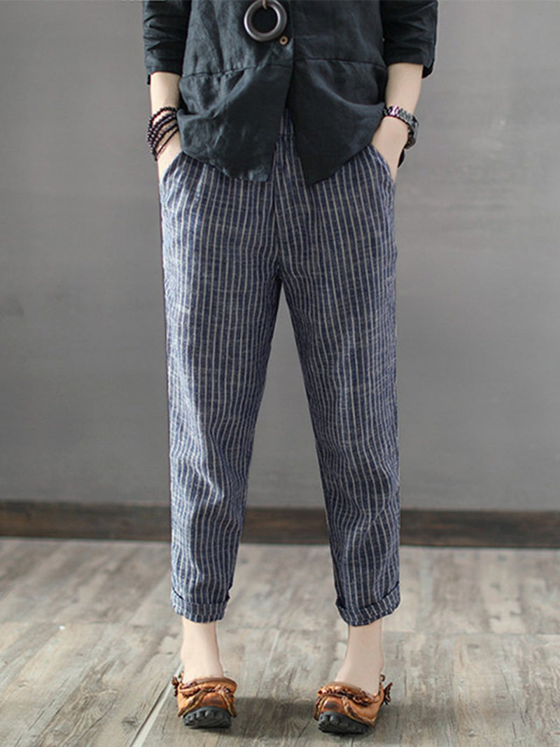 Elastic Waist Striped Linen Casual Pants