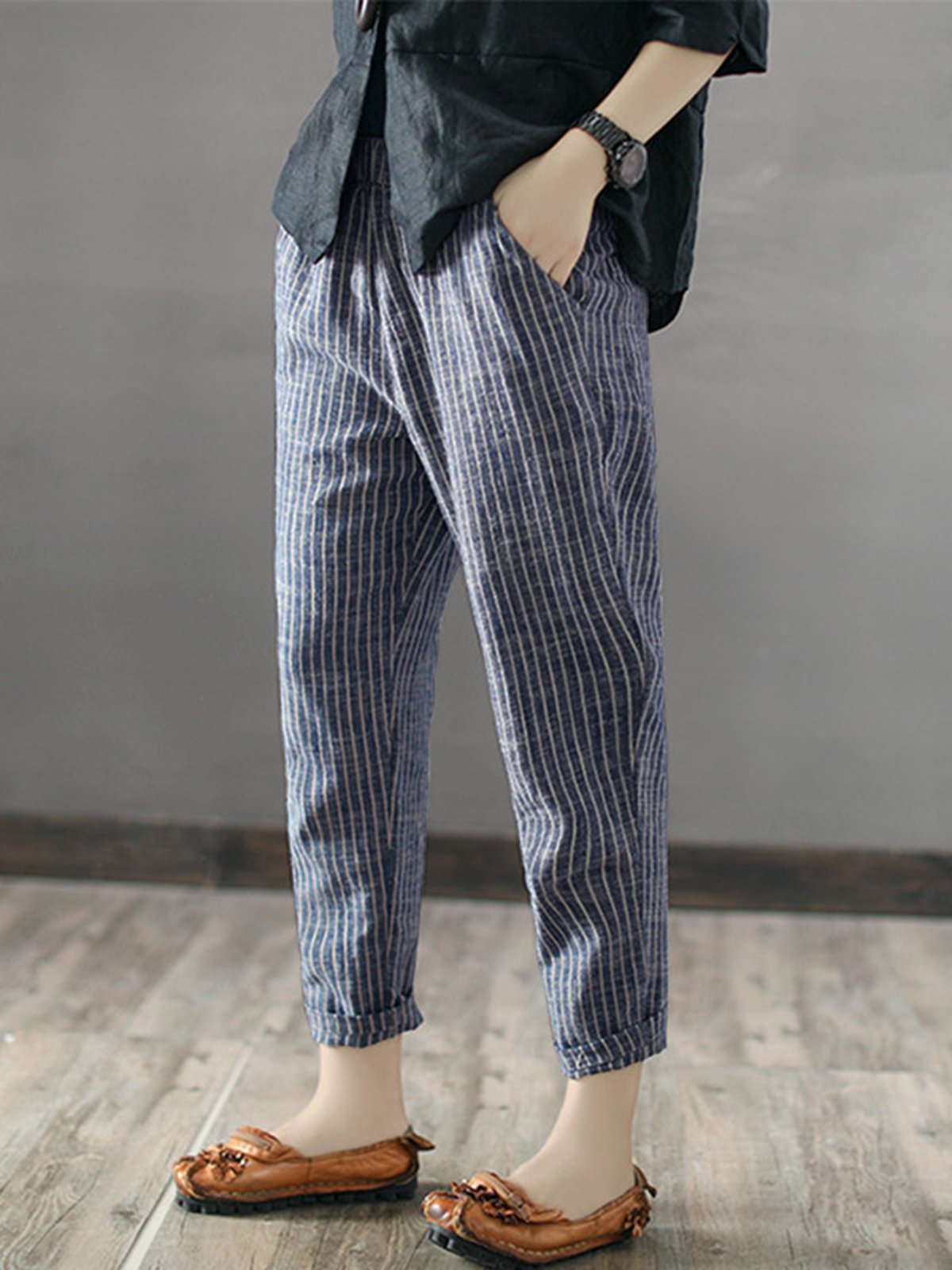 Elastic Waist Striped Linen Casual Pants