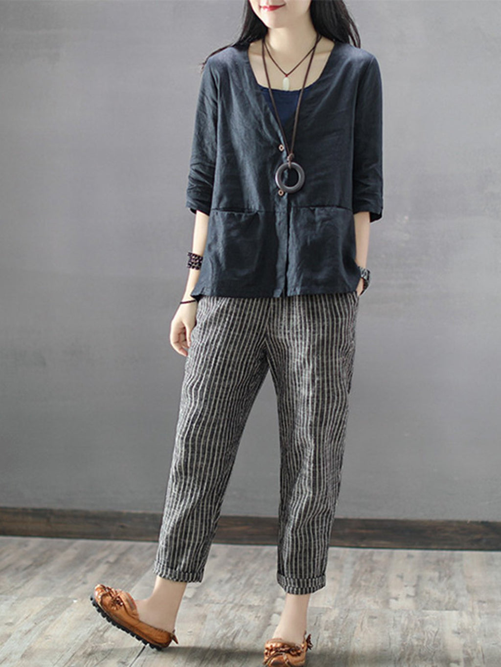 Elastic Waist Striped Linen Casual Pants