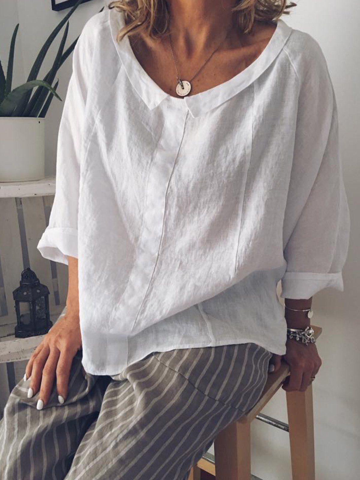 Long Sleeve Peter Pan Collar Solid T-Shirts