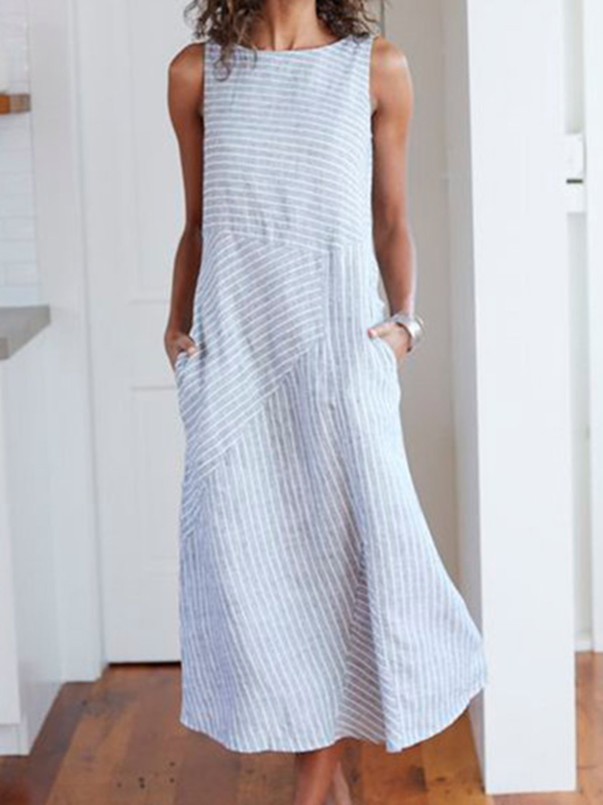 Cotton Striped Dresses Crew Neck Light Gray Women Dresses Shift Daily