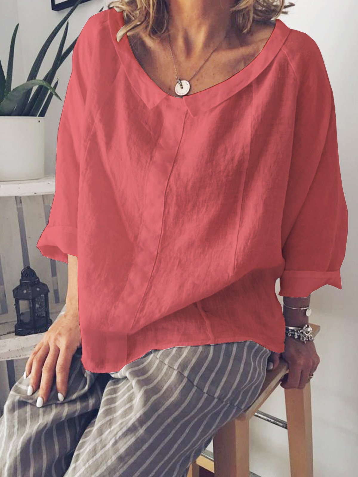 Long Sleeve Peter Pan Collar Solid T-Shirts