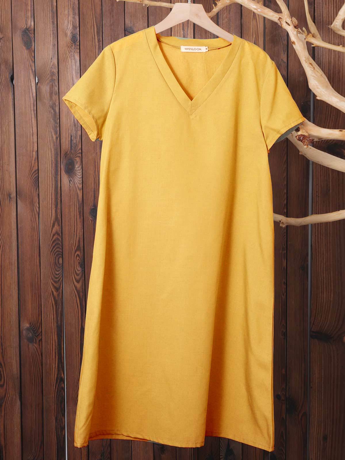 Casual Solid V-Neck Plus Size Dress