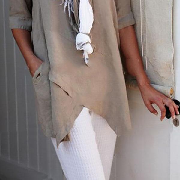 Irregular Hem Round Neck Patchwork Cotton-Blend Vintage Shirts