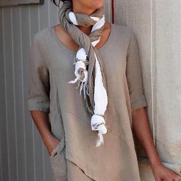 Irregular Hem Round Neck Patchwork Cotton-Blend Vintage Shirts
