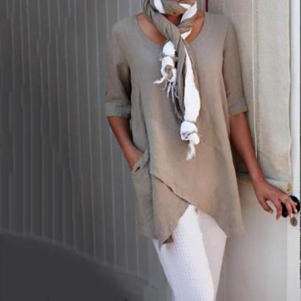 Irregular Hem Round Neck Patchwork Cotton-Blend Vintage Shirts