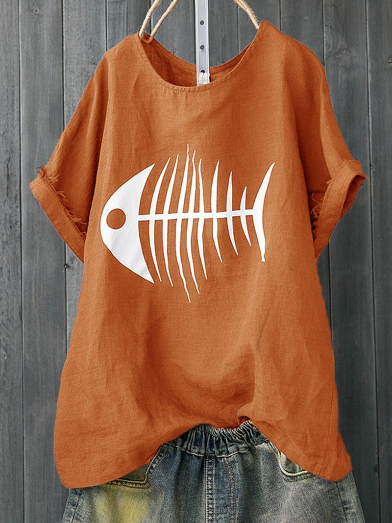 Plus Size Fish Bone Print Casual Women Summer T-shirts