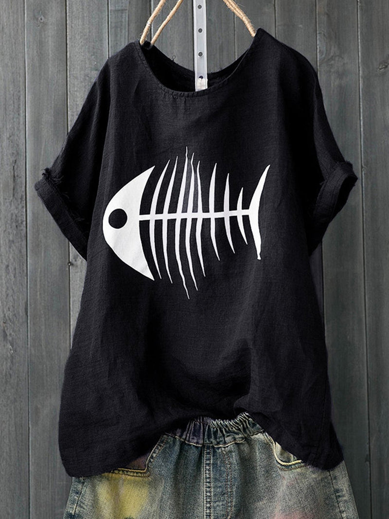 Plus Size Fish Bone Print Casual Women Summer T-shirts