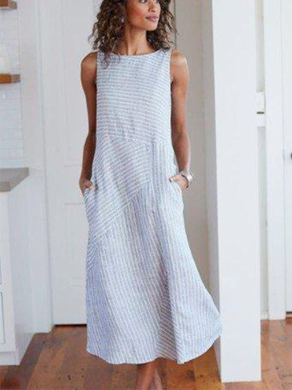 Cotton Striped Dresses Crew Neck Light Gray Women Dresses Shift Daily