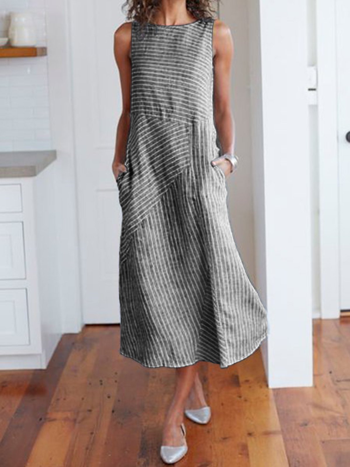 Cotton Striped Dresses Crew Neck Light Gray Women Dresses Shift Daily