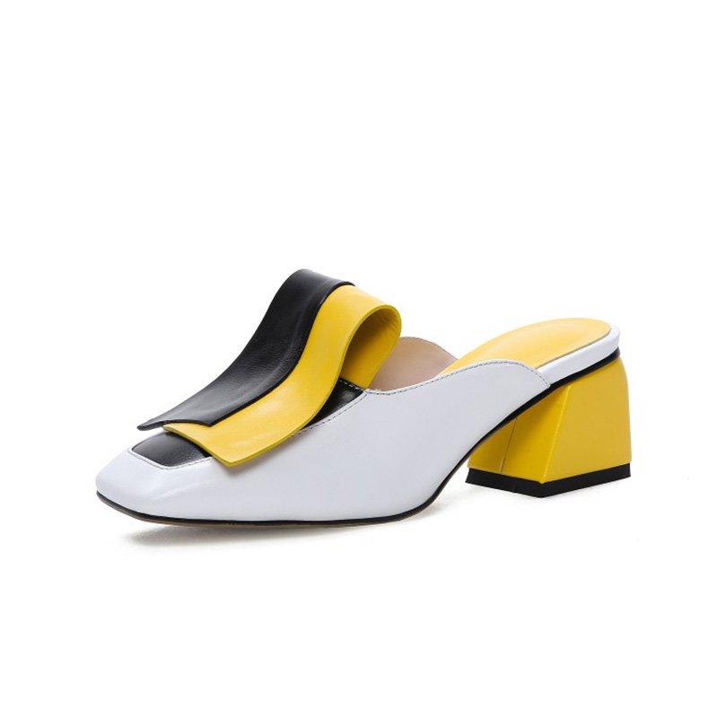 Genuine Leather Panel Color Block Daily Muller Slippers