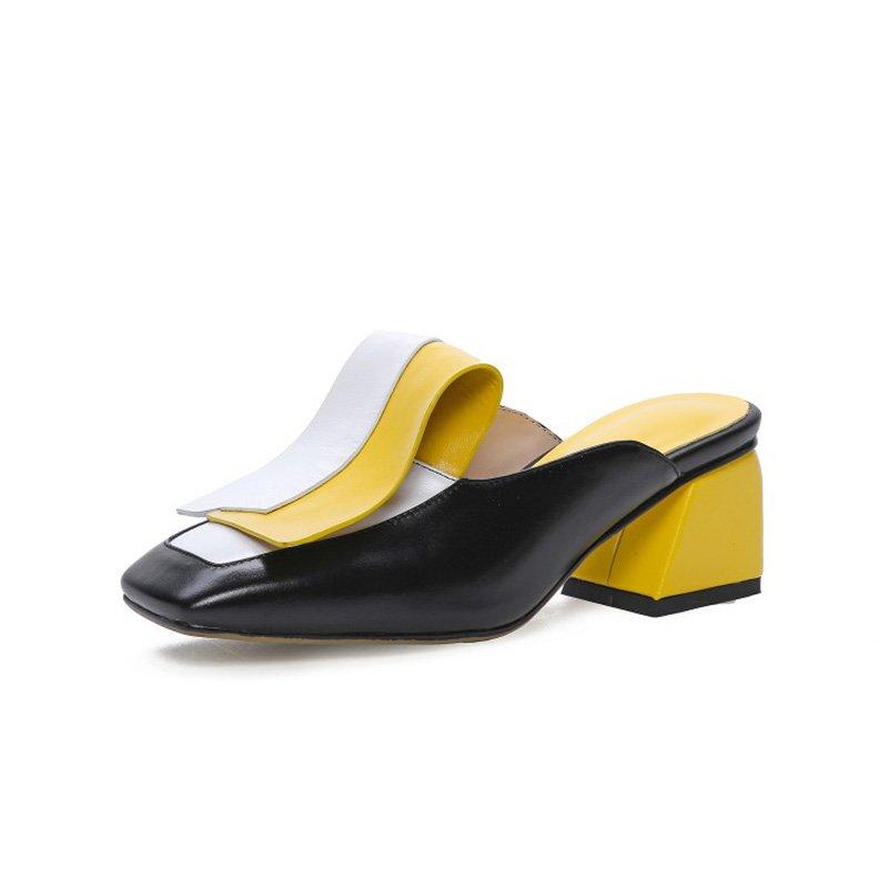 Genuine Leather Panel Color Block Daily Muller Slippers