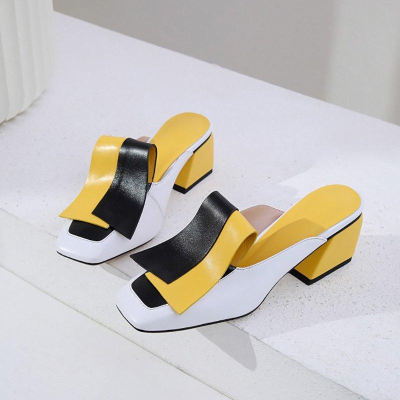 Genuine Leather Panel Color Block Daily Muller Slippers