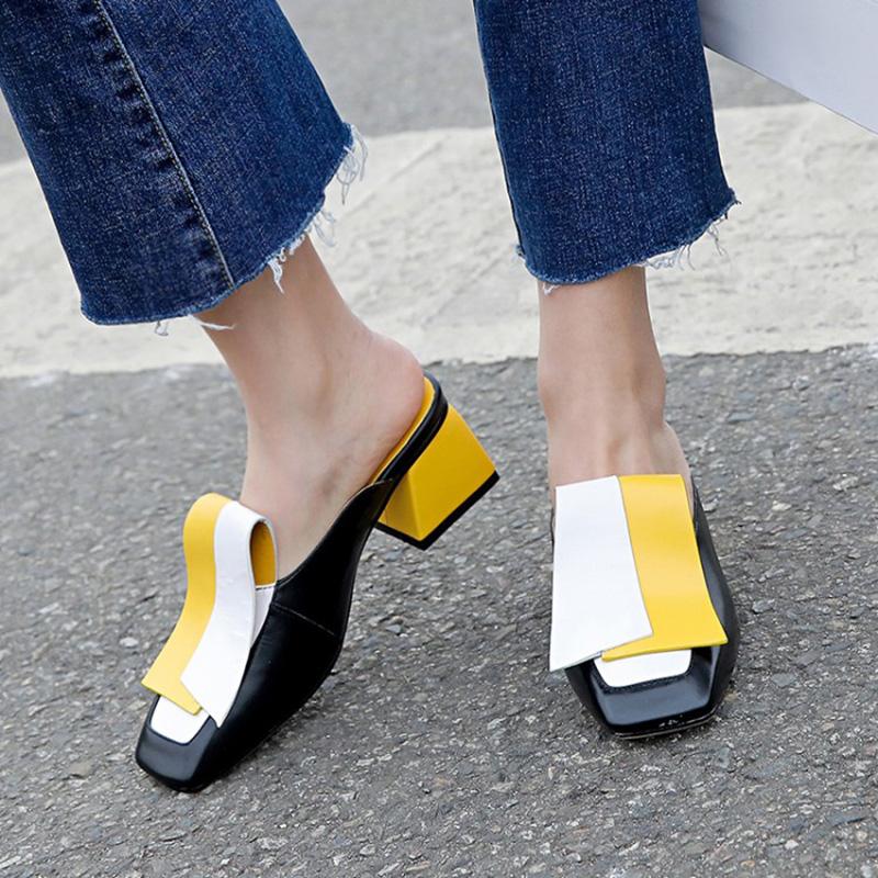 Genuine Leather Panel Color Block Daily Muller Slippers
