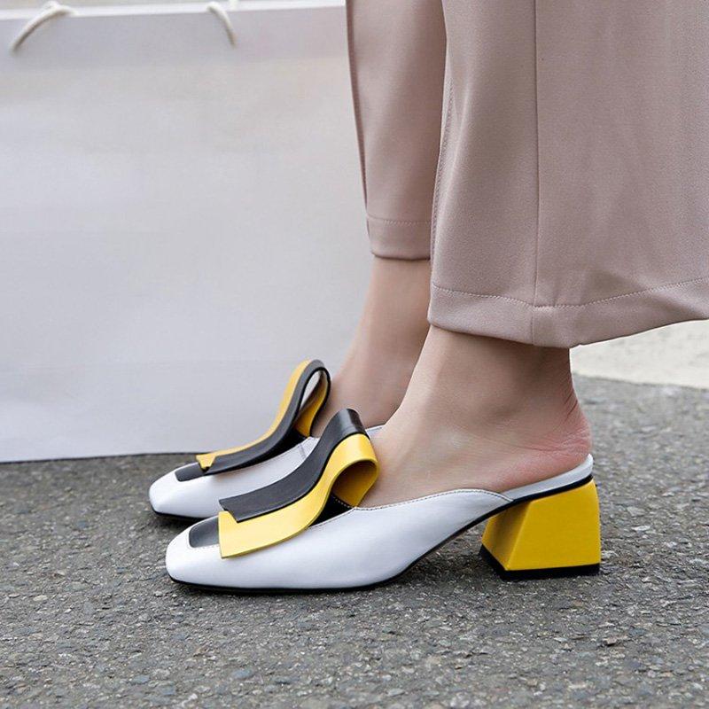 Genuine Leather Panel Color Block Daily Muller Slippers