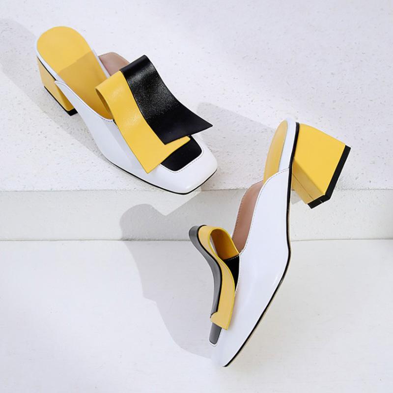 Genuine Leather Panel Color Block Daily Muller Slippers