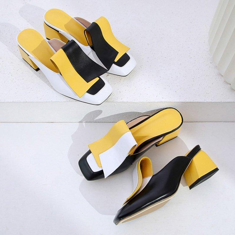 Genuine Leather Panel Color Block Daily Muller Slippers