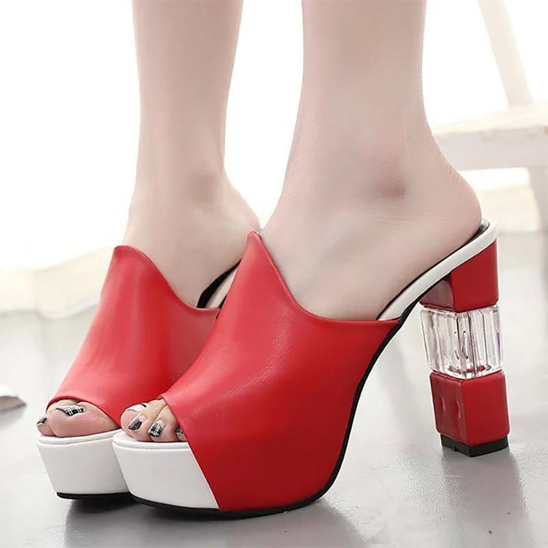 Peep Toe Chunky Heel PU Platform Slippers