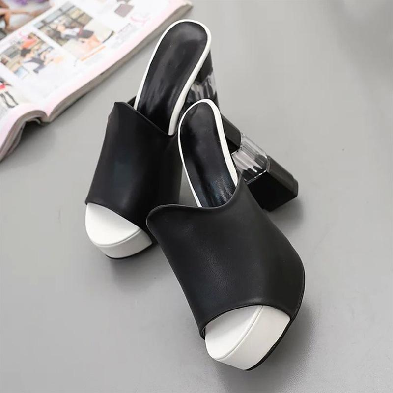 Peep Toe Chunky Heel PU Platform Slippers