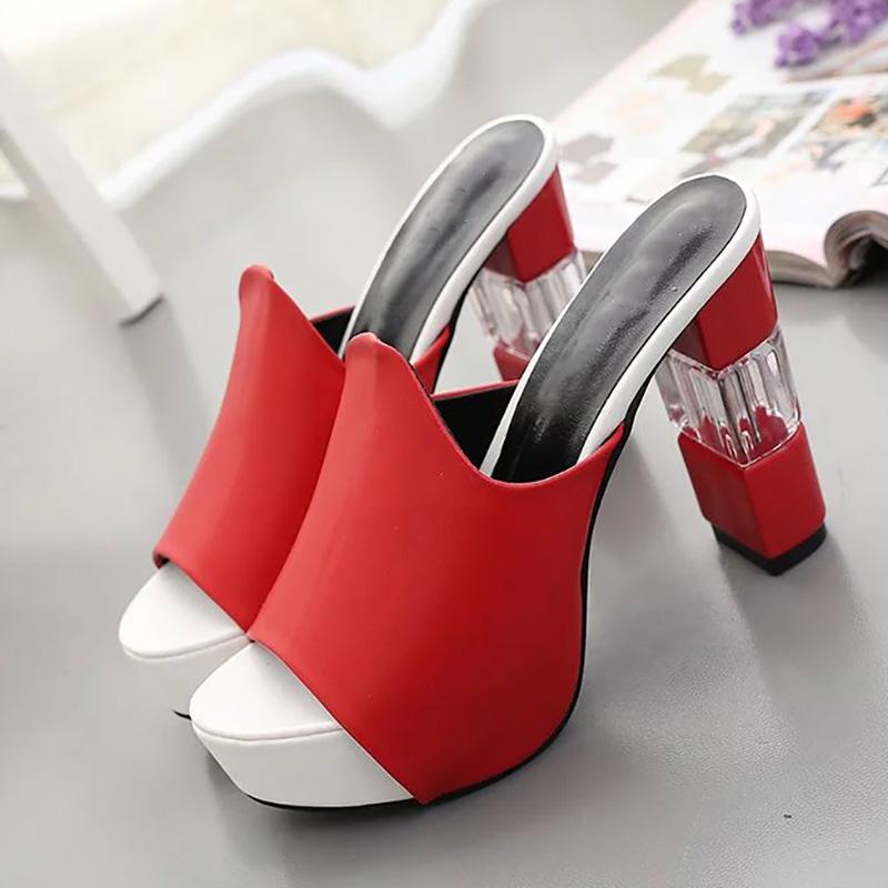 Peep Toe Chunky Heel PU Platform Slippers