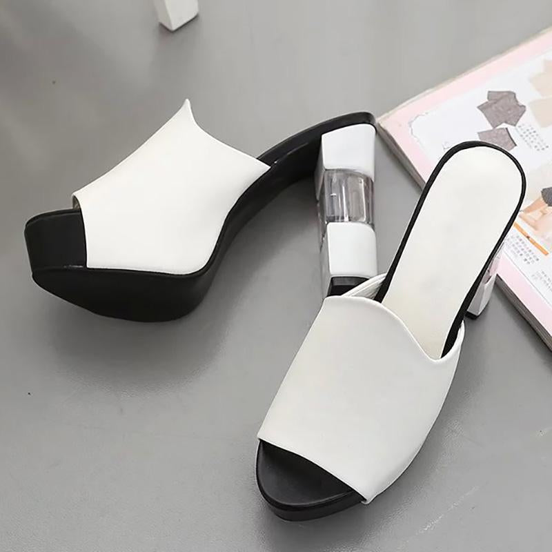 Peep Toe Chunky Heel PU Platform Slippers