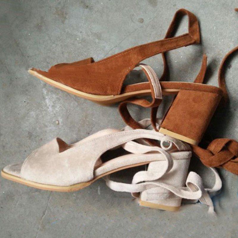 Women Bandage Suede Pumps Holiday Summer Chunky Heel Sandals