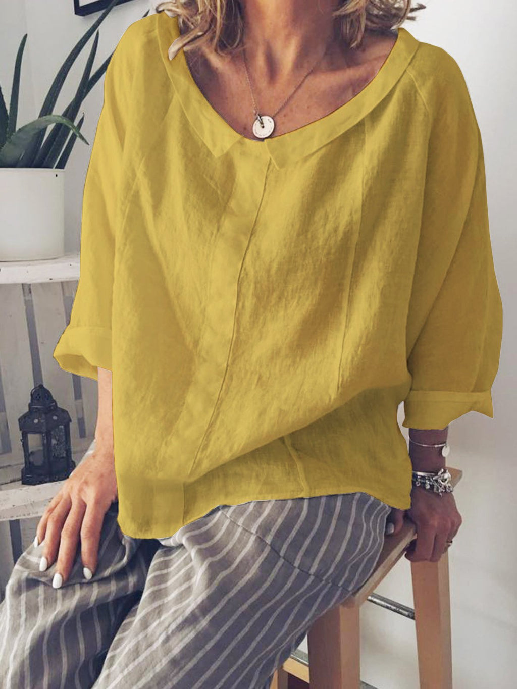 Long Sleeve Peter Pan Collar Solid T-Shirts