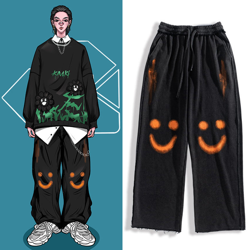 Smiley Graffiti Print Loose Straight-Leg Pants