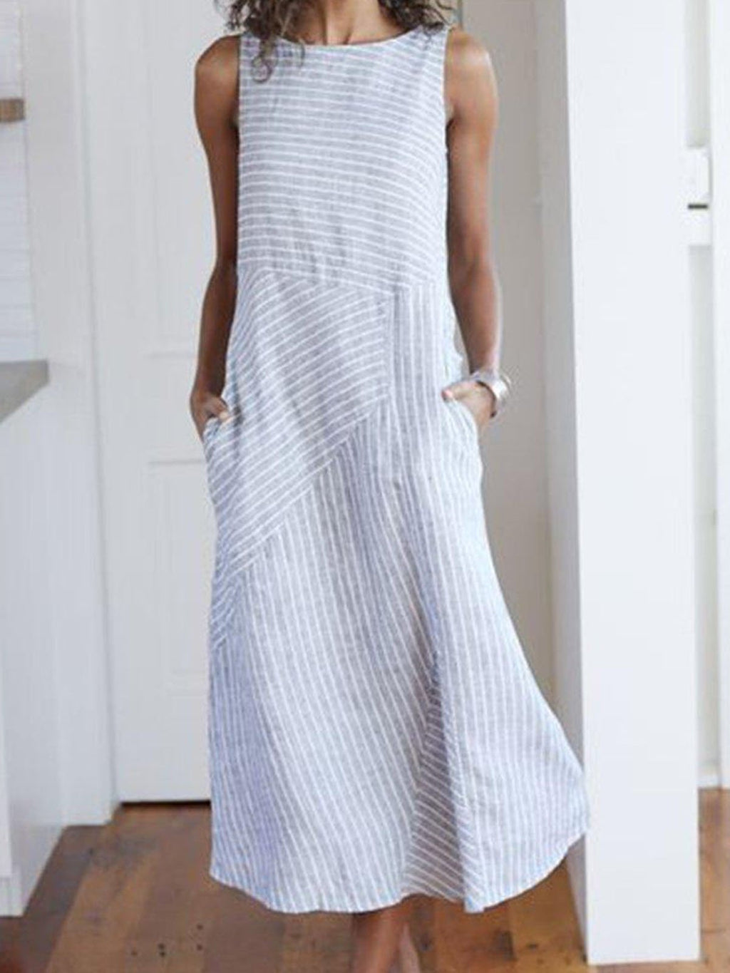 Cotton Striped Dresses Crew Neck Light Gray Women Dresses Shift Daily