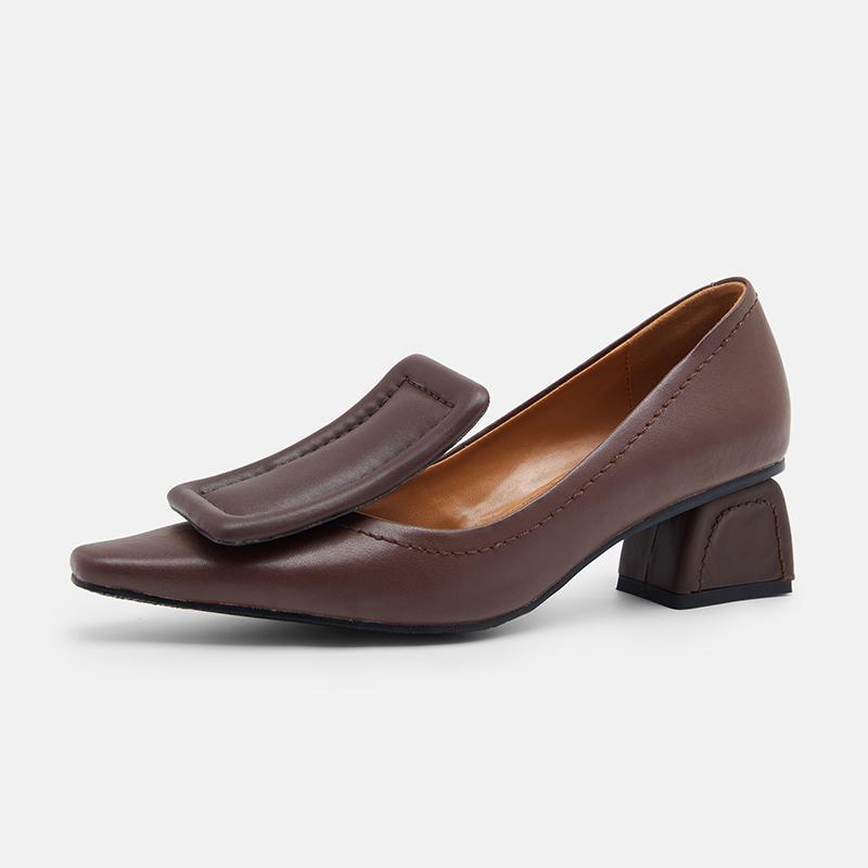 Chunky Heel Genuine Leather Square Toe Shoes