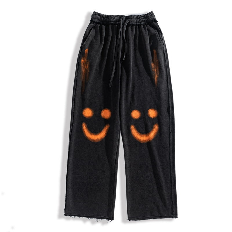 Smiley Graffiti Print Loose Straight-Leg Pants