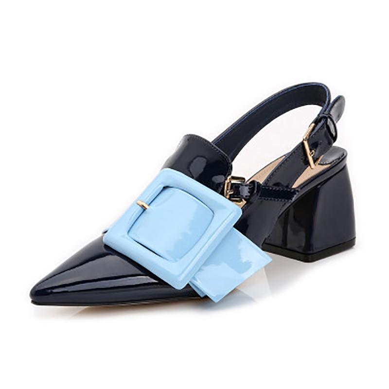Chic Buckle Patent Leather Pointed Toe Chunky Heels