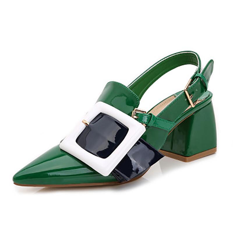 Chic Buckle Patent Leather Pointed Toe Chunky Heels