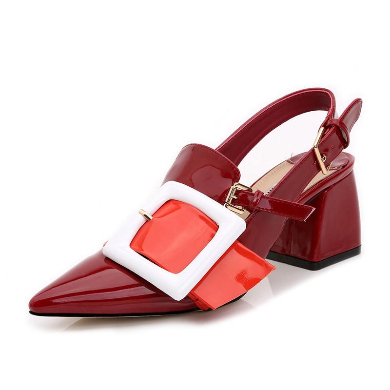 Chic Buckle Patent Leather Pointed Toe Chunky Heels