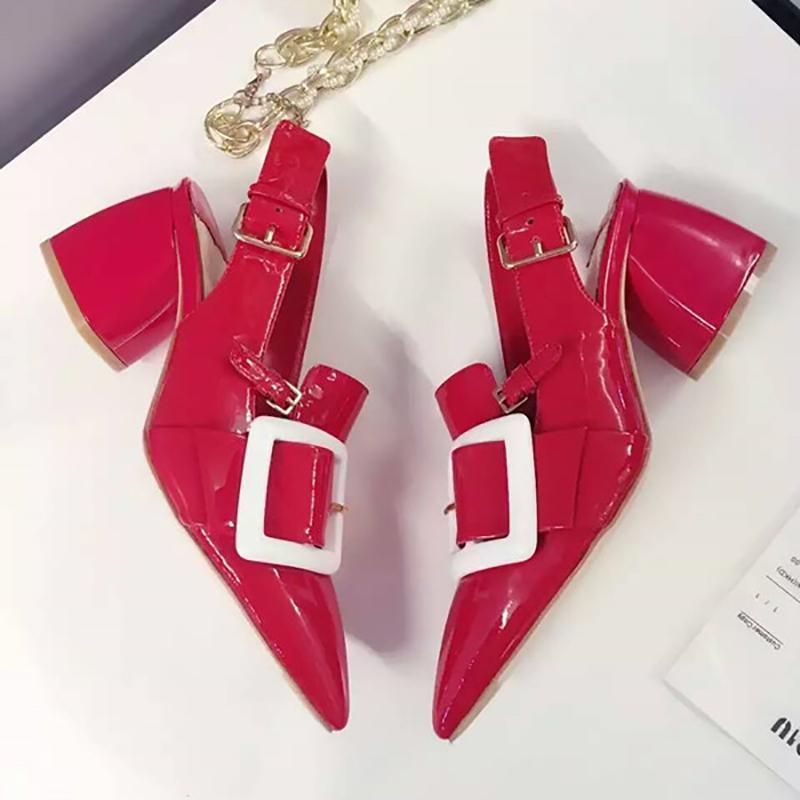 Chic Buckle Patent Leather Pointed Toe Chunky Heels