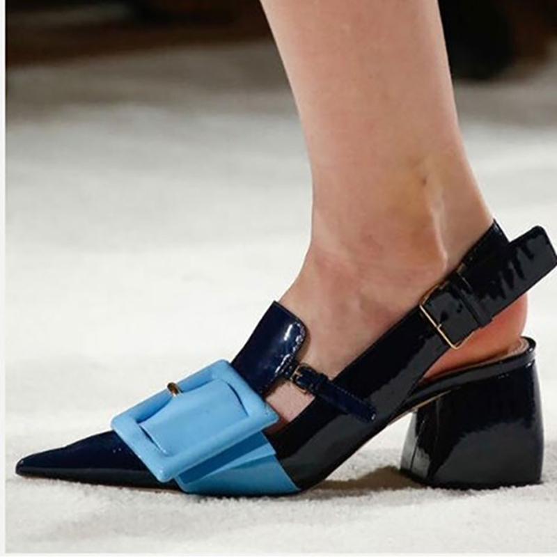 Chic Buckle Patent Leather Pointed Toe Chunky Heels