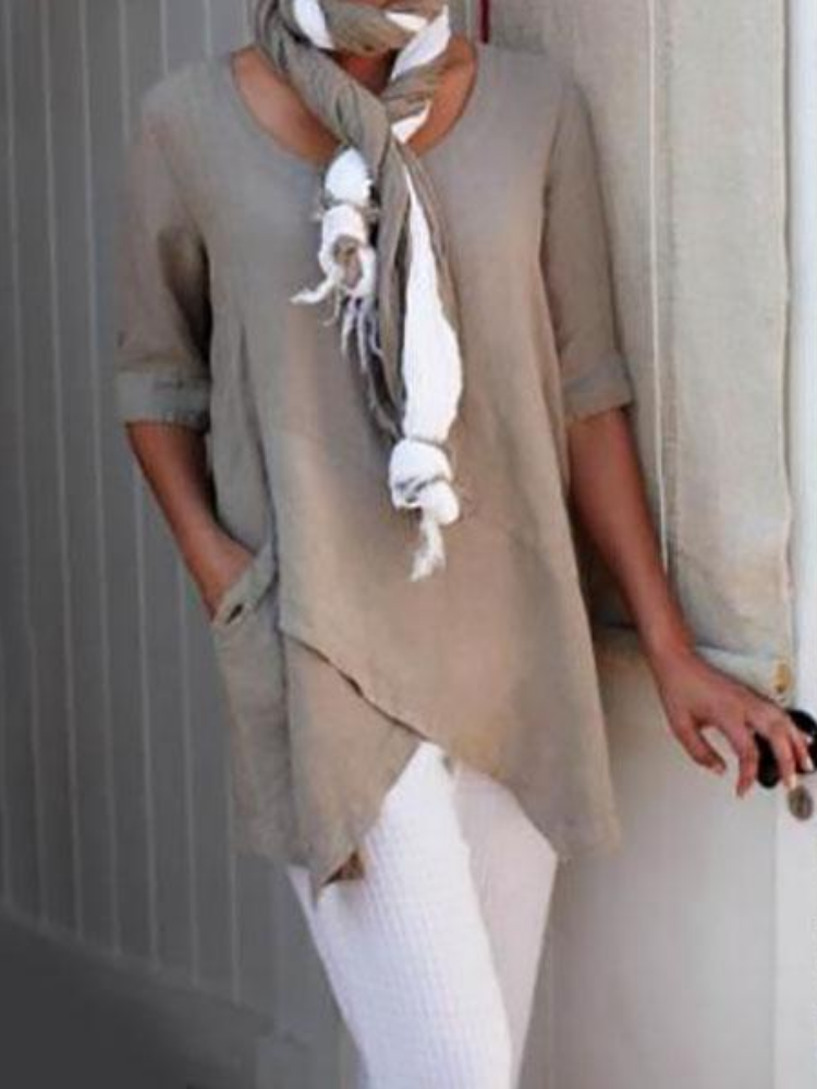Irregular Hem Round Neck Patchwork Cotton-Blend Vintage Shirts
