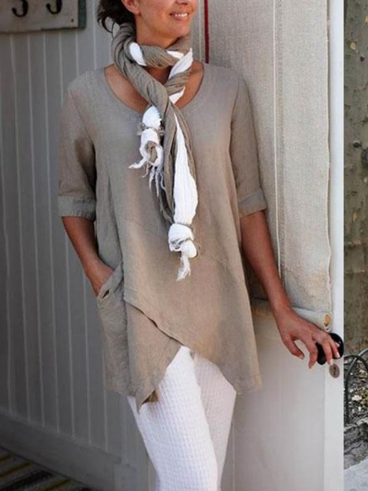 Irregular Hem Round Neck Patchwork Cotton-Blend Vintage Shirts