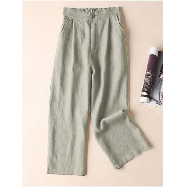 Solid Pockets Elastic Linen Casual Straight Pants
