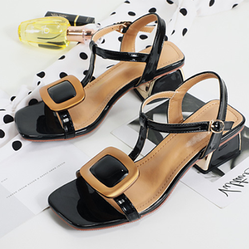 Metal Button Sweet Date Summer Chunky Heel Sandals
