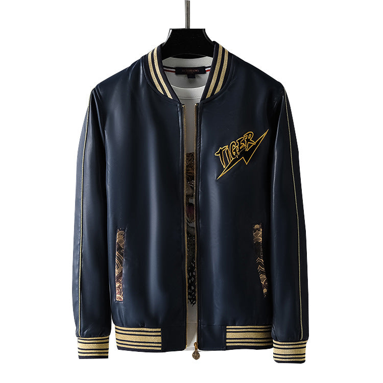 Embroidered Leather Bomber Jacket