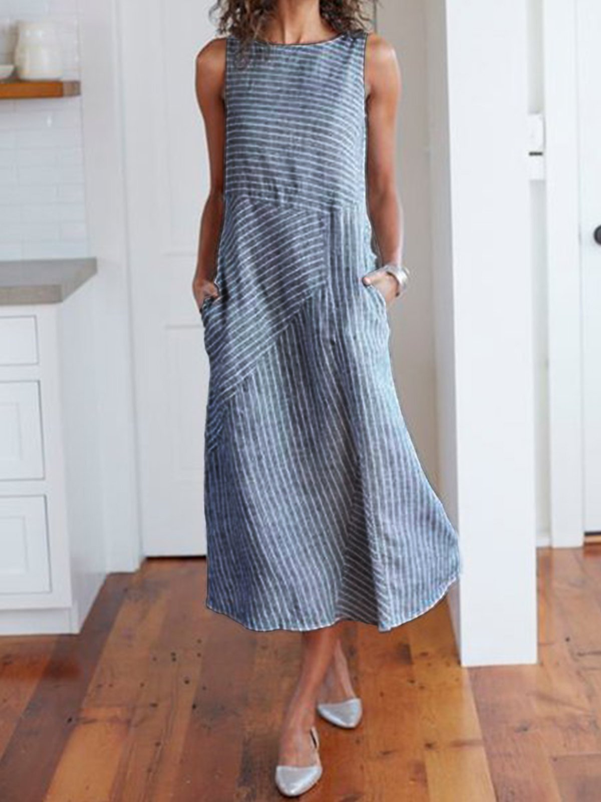 Cotton Striped Dresses Crew Neck Light Gray Women Dresses Shift Daily